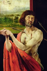 Isenheimer Altar, innerer Flügel (Detail) von St. Sebastian und Landschaft